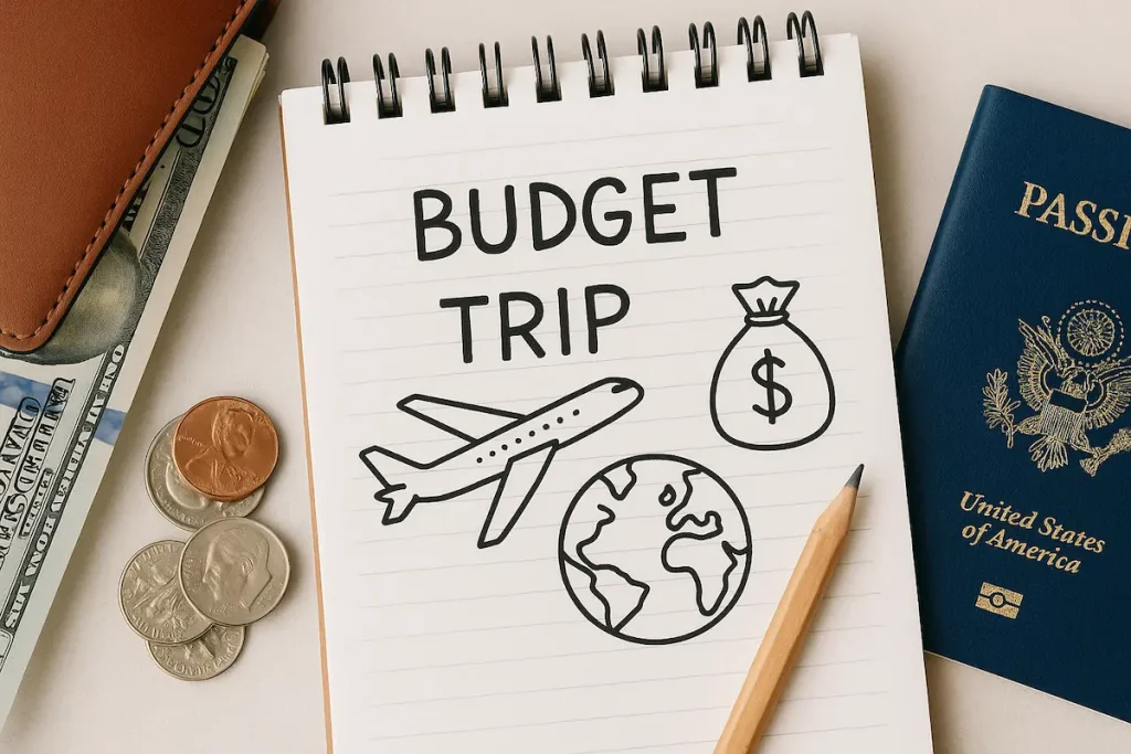 Pièces de monnaie sur une carte du monde – budget city break.