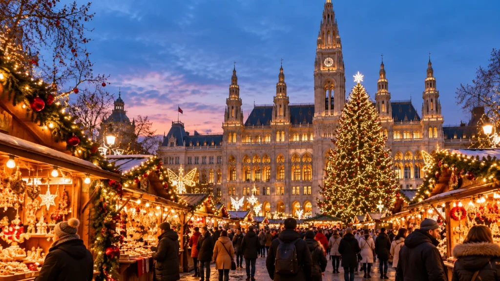 Marché de Noël illuminé dans une grande ville européenne en hiver