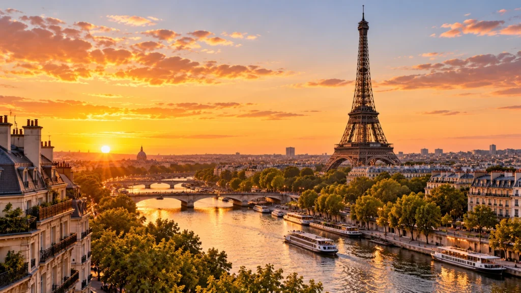 Vue de Paris avec la Tour Eiffel et la Seine au coucher du soleil