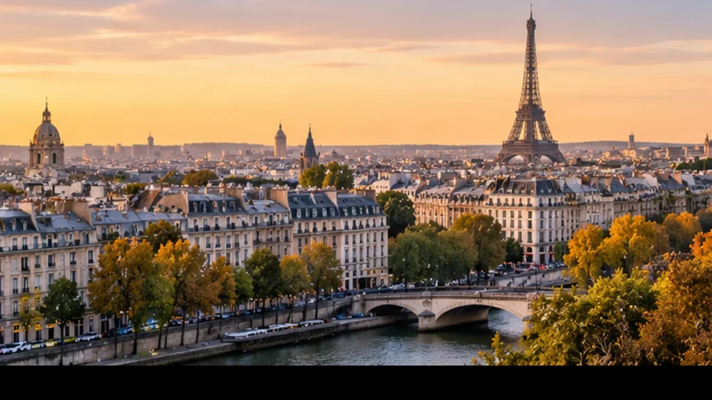 Vue de Paris avec la Tour Eiffel et la Seine au coucher du soleil