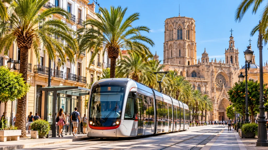 Tramway circulant dans le centre de Valence en Espagne