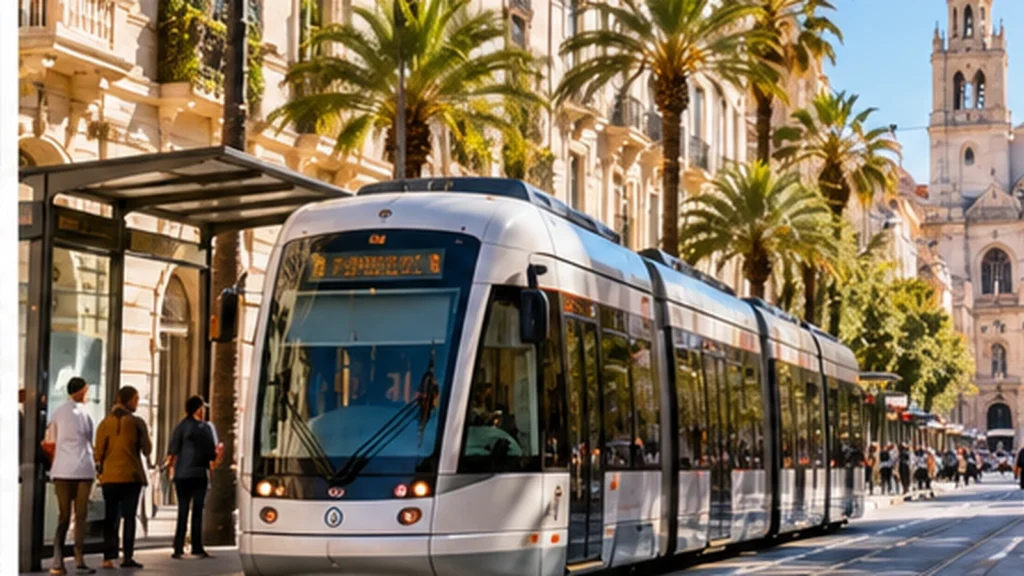 Tramway circulant dans une rue ensoleillée de Valence en Espagne