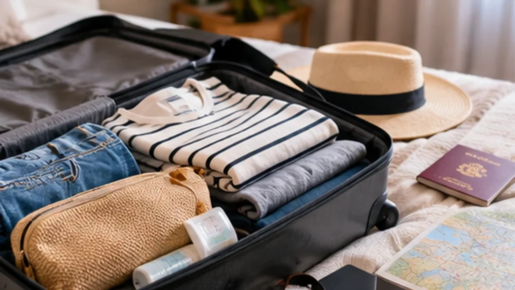 Valise ouverte avec vêtements et accessoires préparés pour un city break